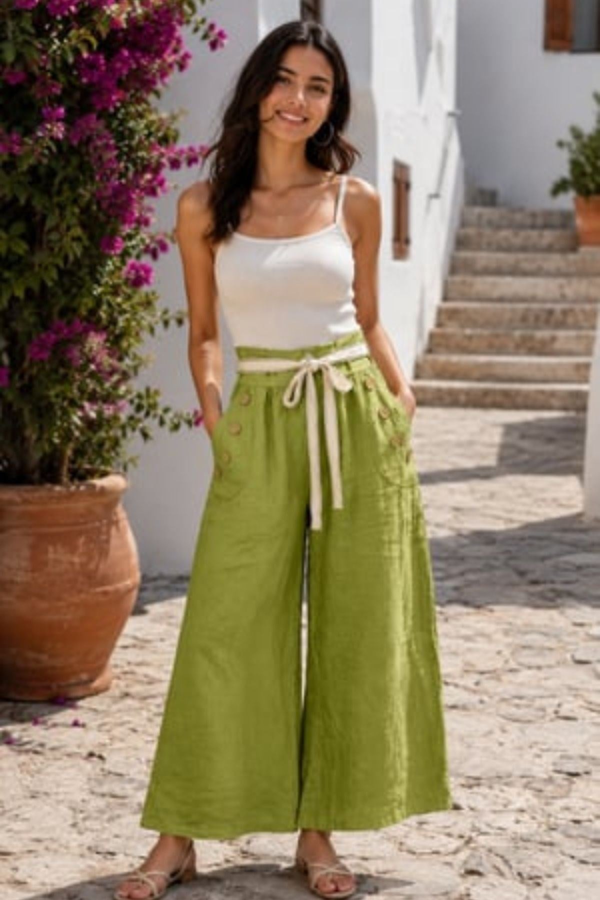 Düğme Detaylı Geniş Paça Keten Pantolon