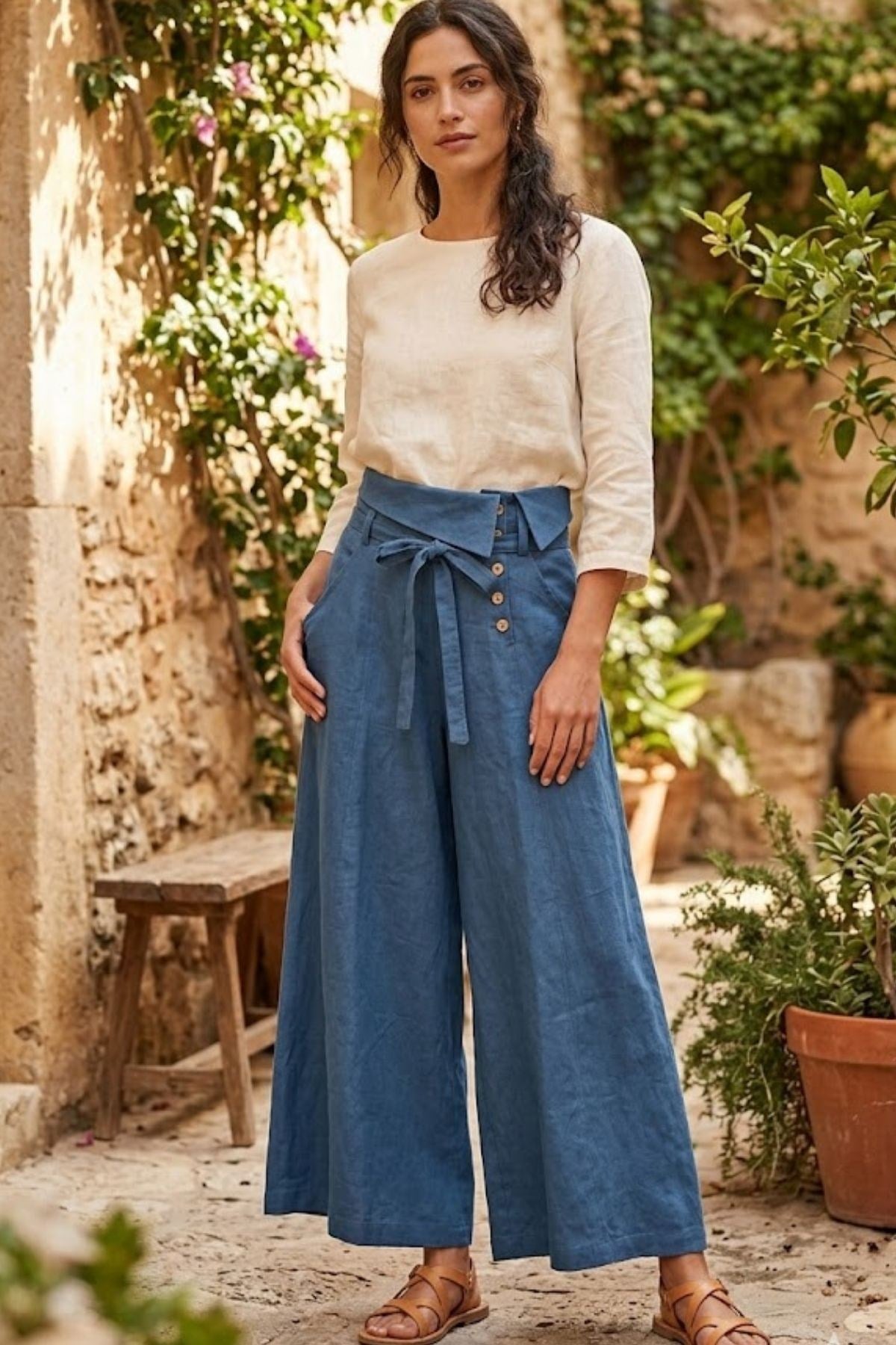 Düşük Bel Düğmeli Bol Paça Pantolon