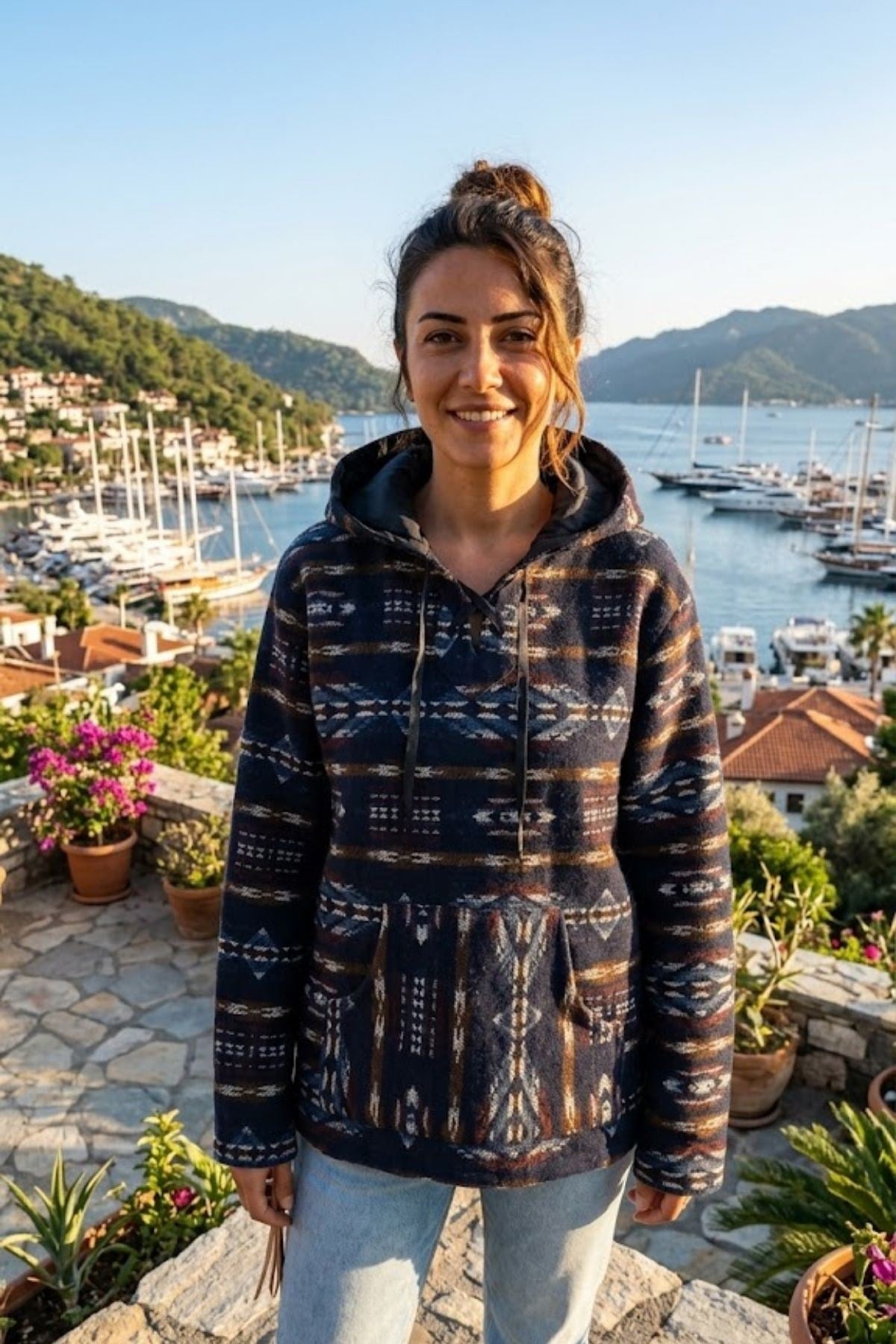 Etnik Desenli Kapüşonlu Sweatshirt