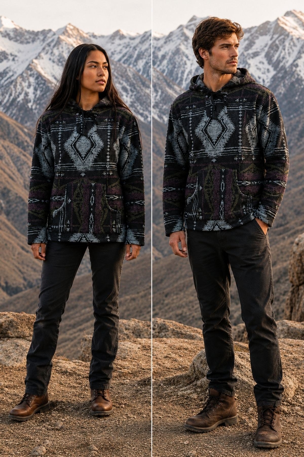 Etnik Desenli Kapüşonlu Sweatshirt