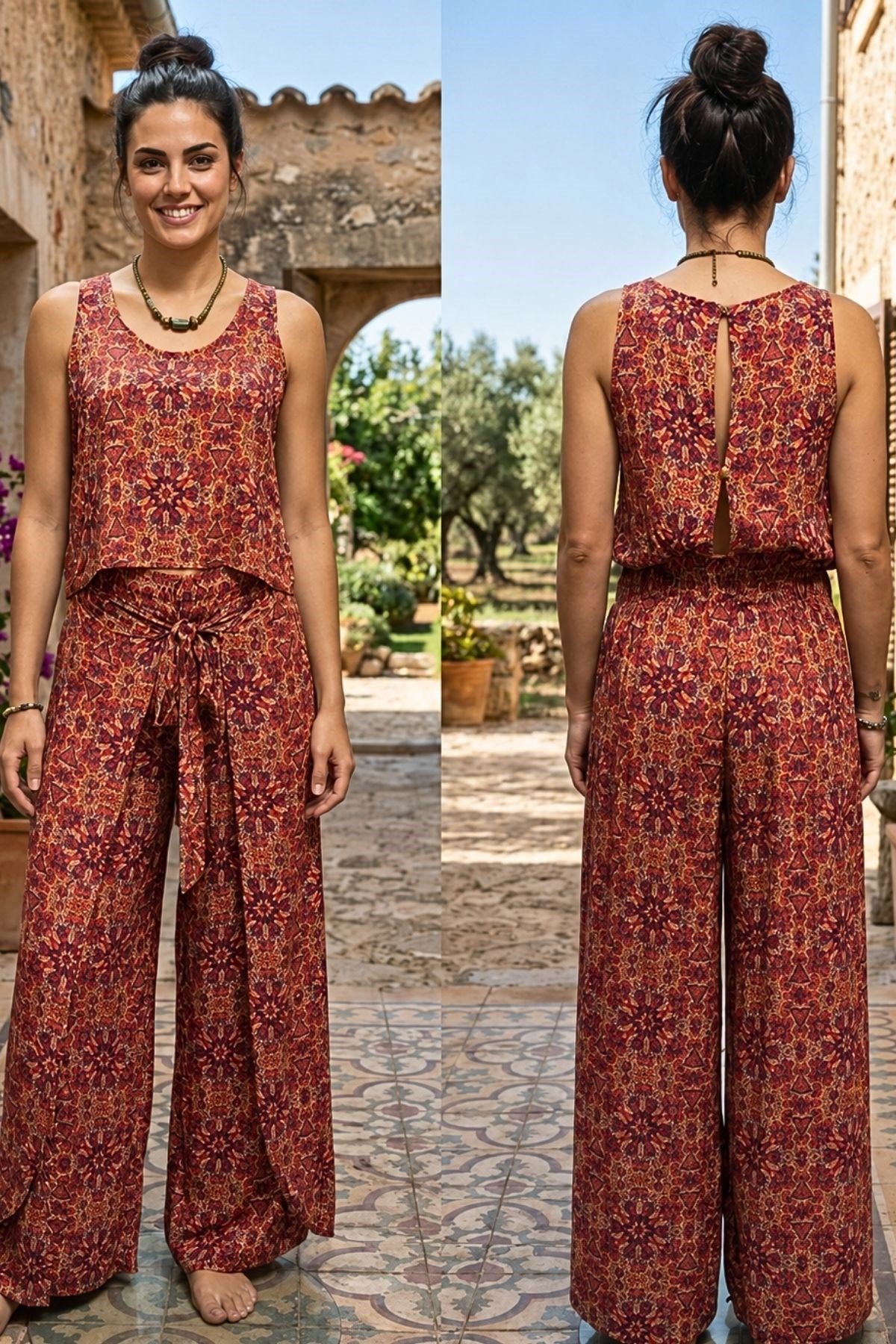 Etnik Desenli Kayık Yaka Otantik Tulum