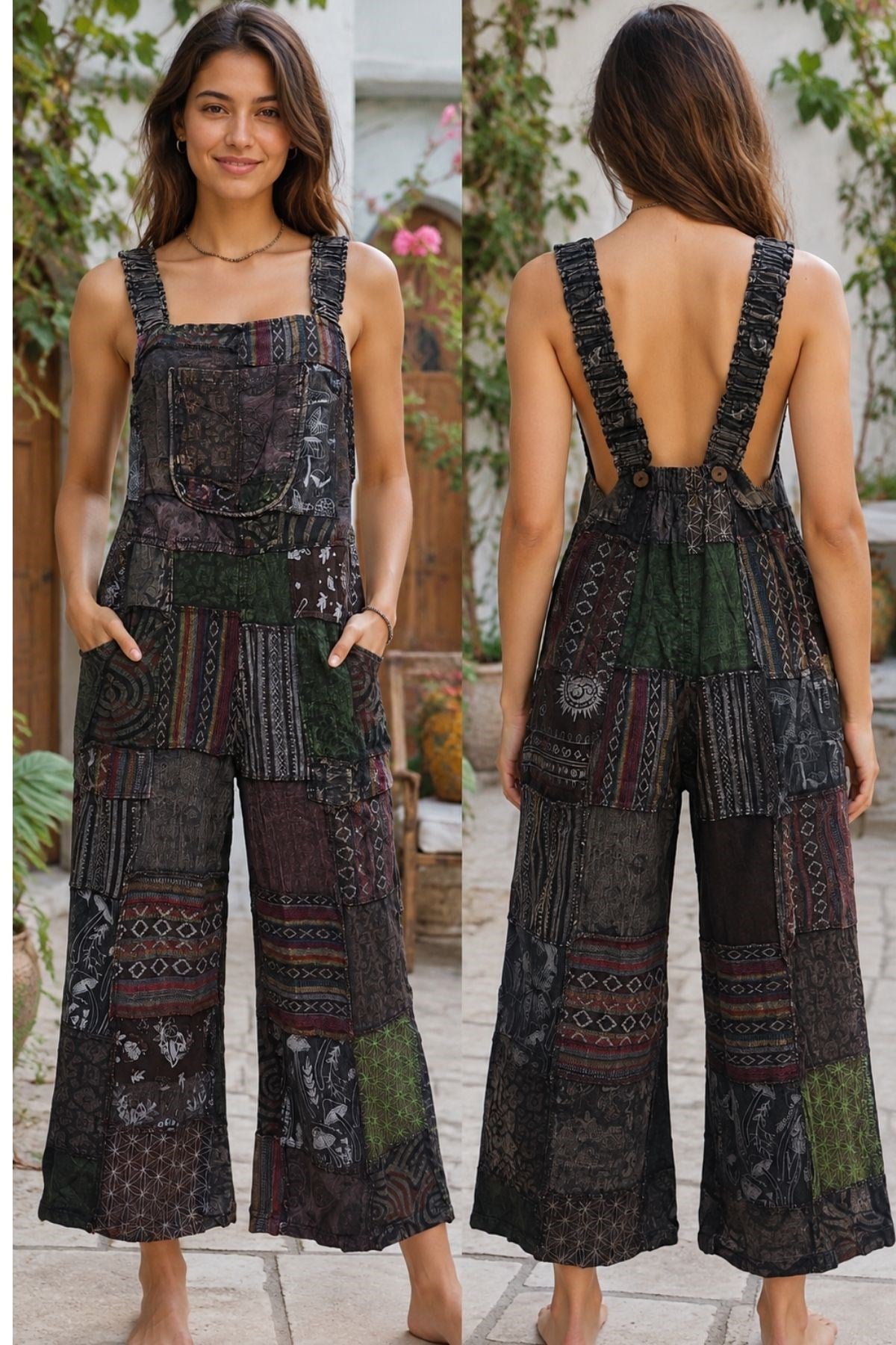 Etnik Patchwork Arka Dekolteli Askılı Tulum