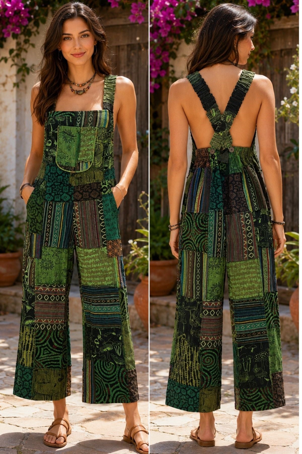 Etnik Patchwork Arka Dekolteli Askılı Tulum