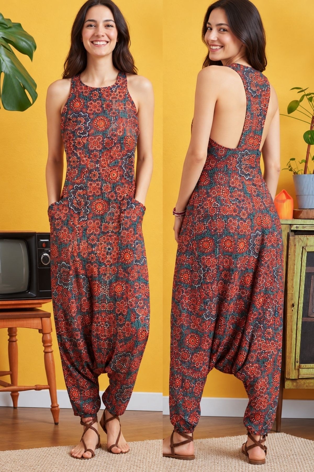 Halter Yaka Sırt Dekolteli Şalvar Tulum