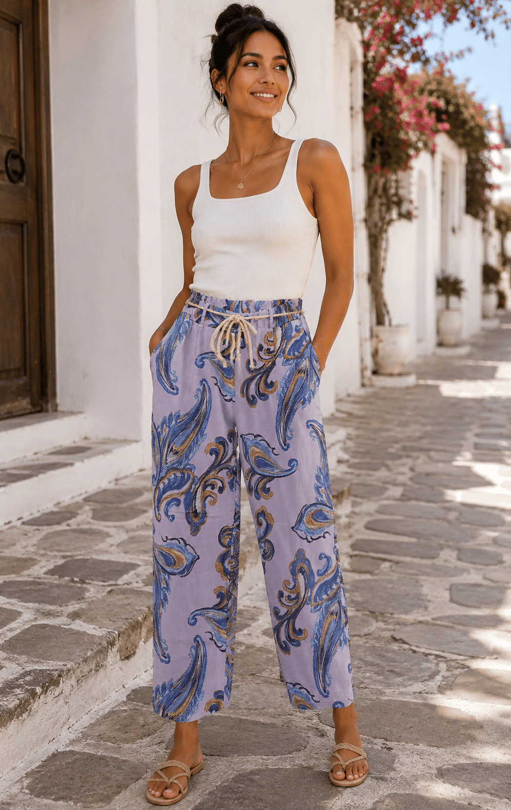 İtalyan Desenli Keten Pantolon
