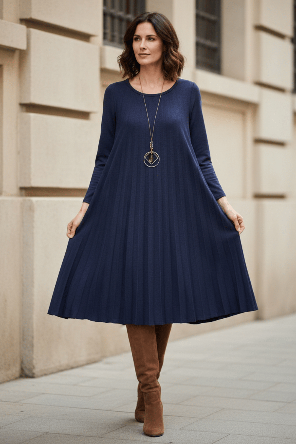 İtalyan Triko Elbise  Oversize Kolye Hediye