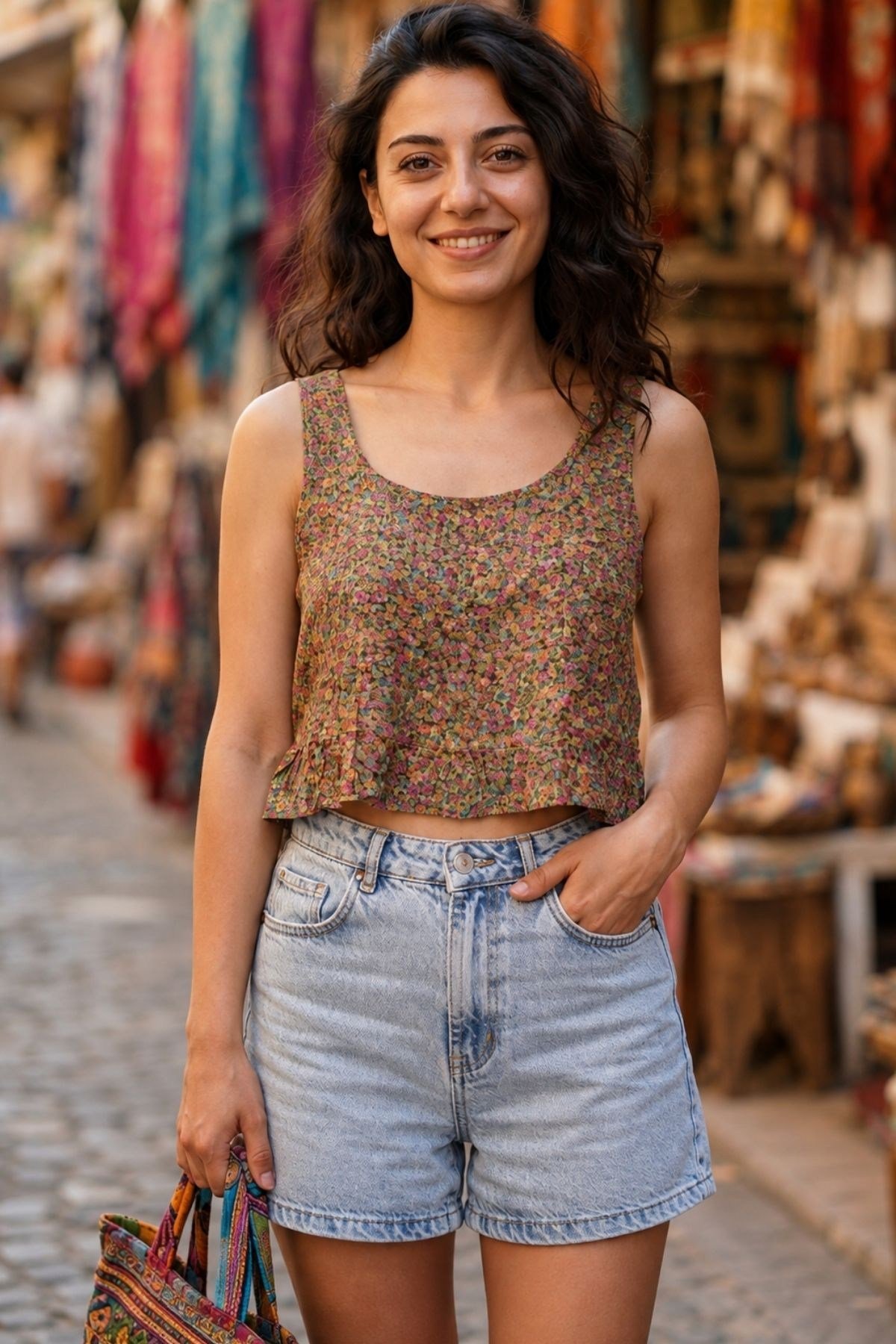 Kalın Askılı Crop Bluz