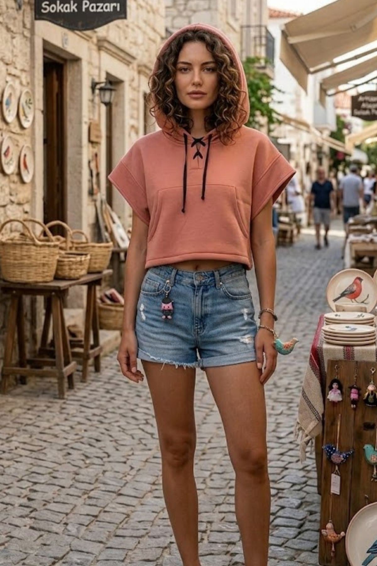 Kapüşonlu Cepli Pamuklu Crop Sweatshirt