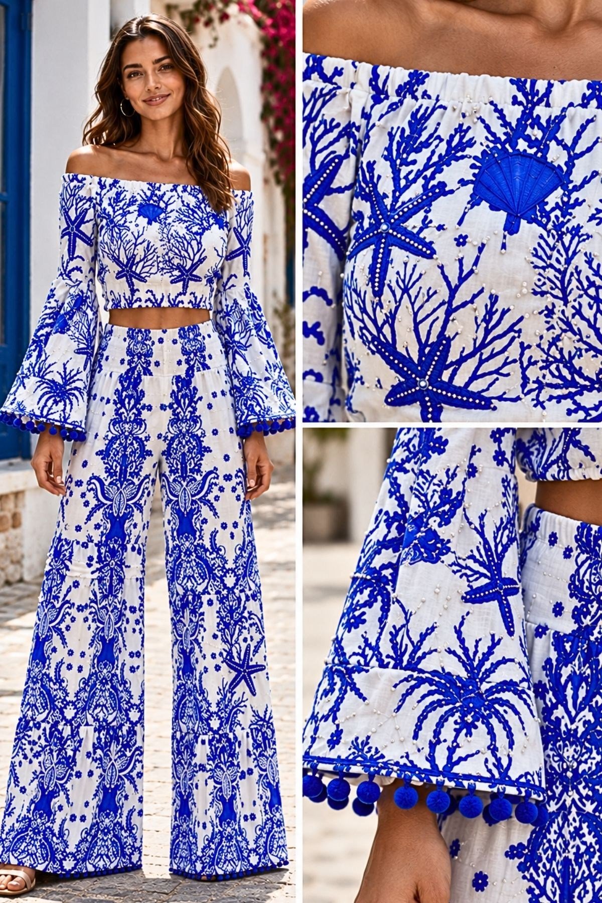 Kayık Yaka, İspanyol Kol, Crop Top ve Yüksek Bel, Bol Paça Pantolon
