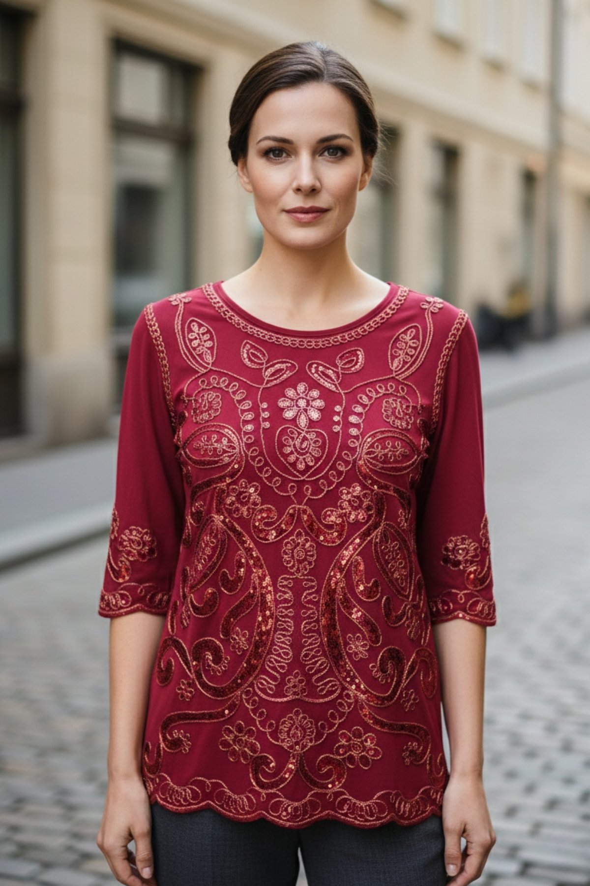 Nakış Detaylı Bordo Bluz