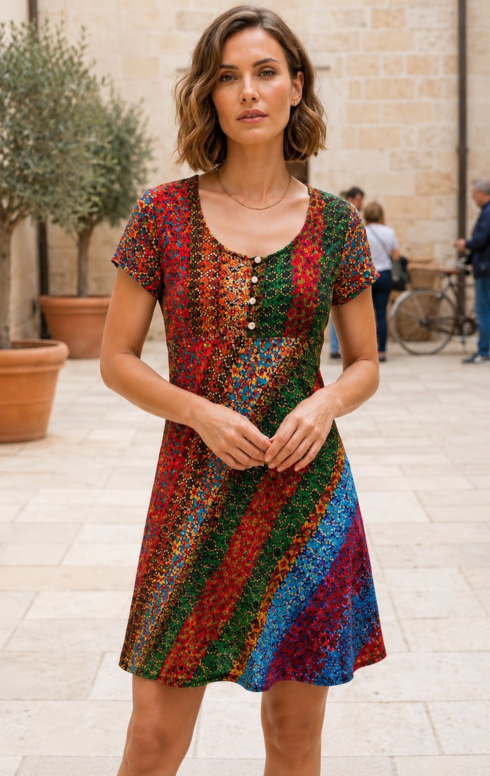 Önden Düğmeli Patchwork Kısa Kollu Bohem Elbise