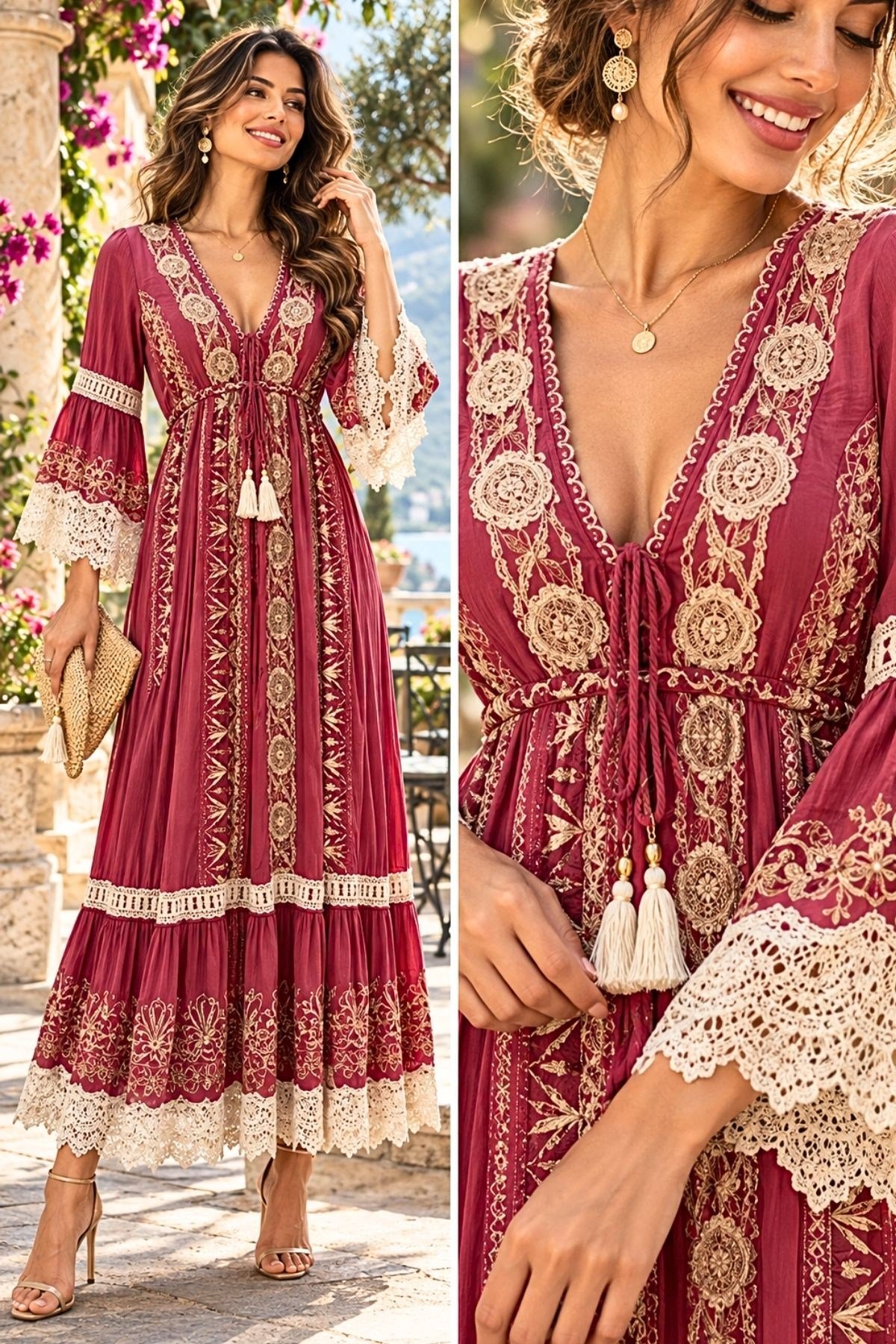 Otantik Desenli Dantel İşlemeli Boho Elbise