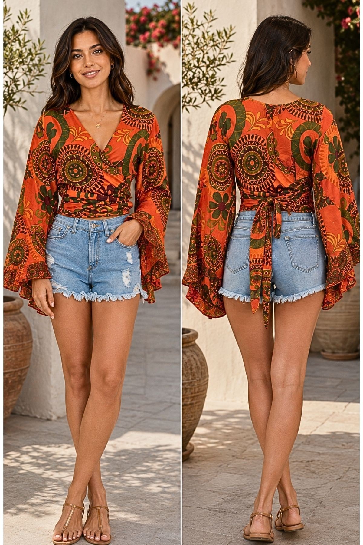 Otantik Desenli İspanyol Kol Crop Bluz % 100 Pamuklu