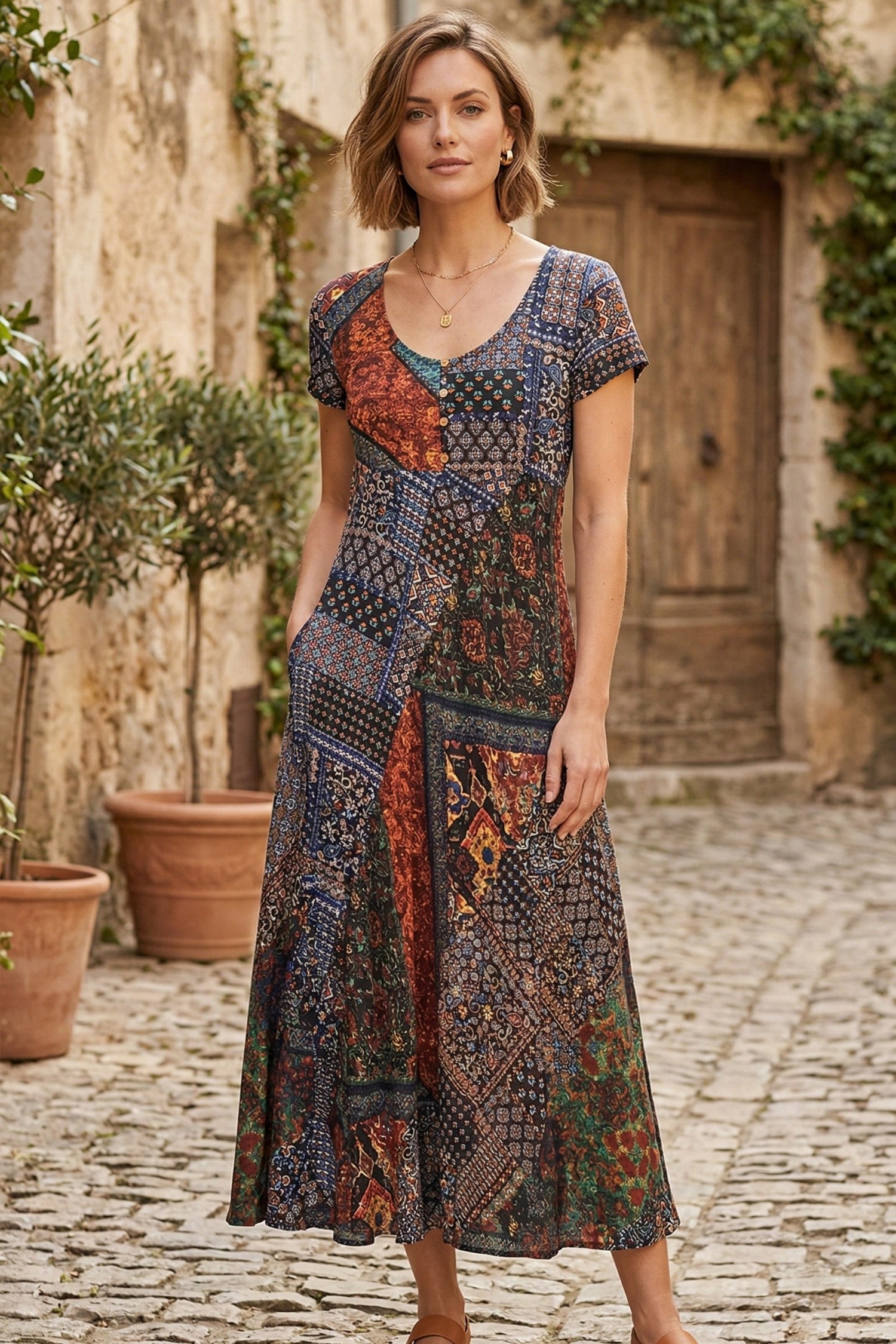 Patchwork Detaylı  Yarım Kollu Elbise