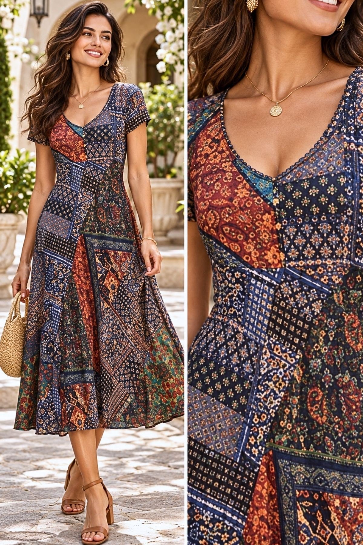 Patchwork Detaylı  Yarım Kollu Elbise