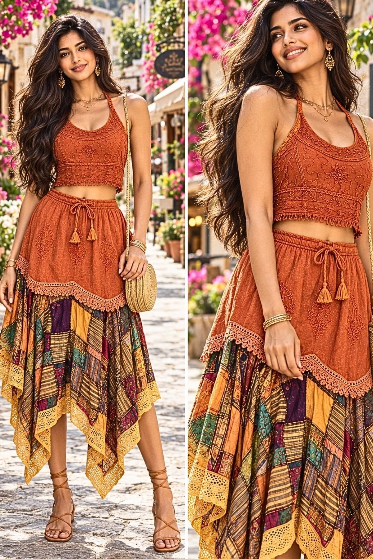 Patchwork Tarz Asimetrik Kesim Etnik Etek