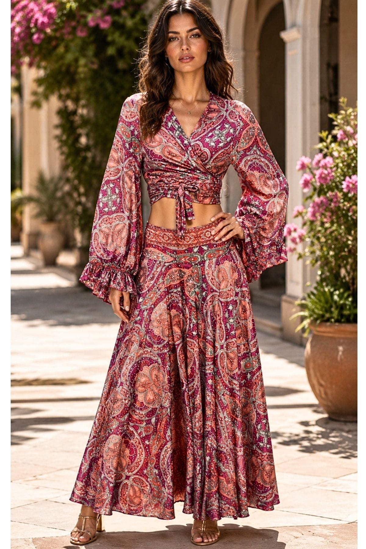 Şal Desenli İspanyol Kol İpek Pantolon Crop