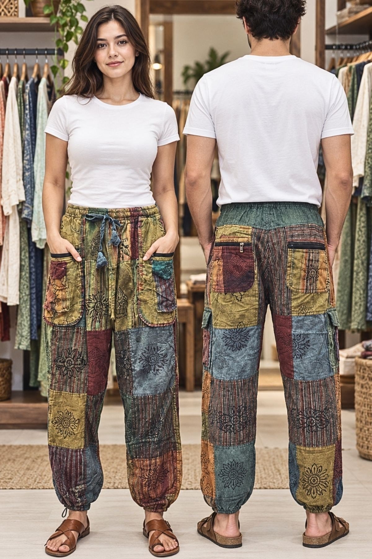 Unisex Boho Chic Kargo ve Fermuarlı Cep Detaylı Patchwork Etnik Pantolon