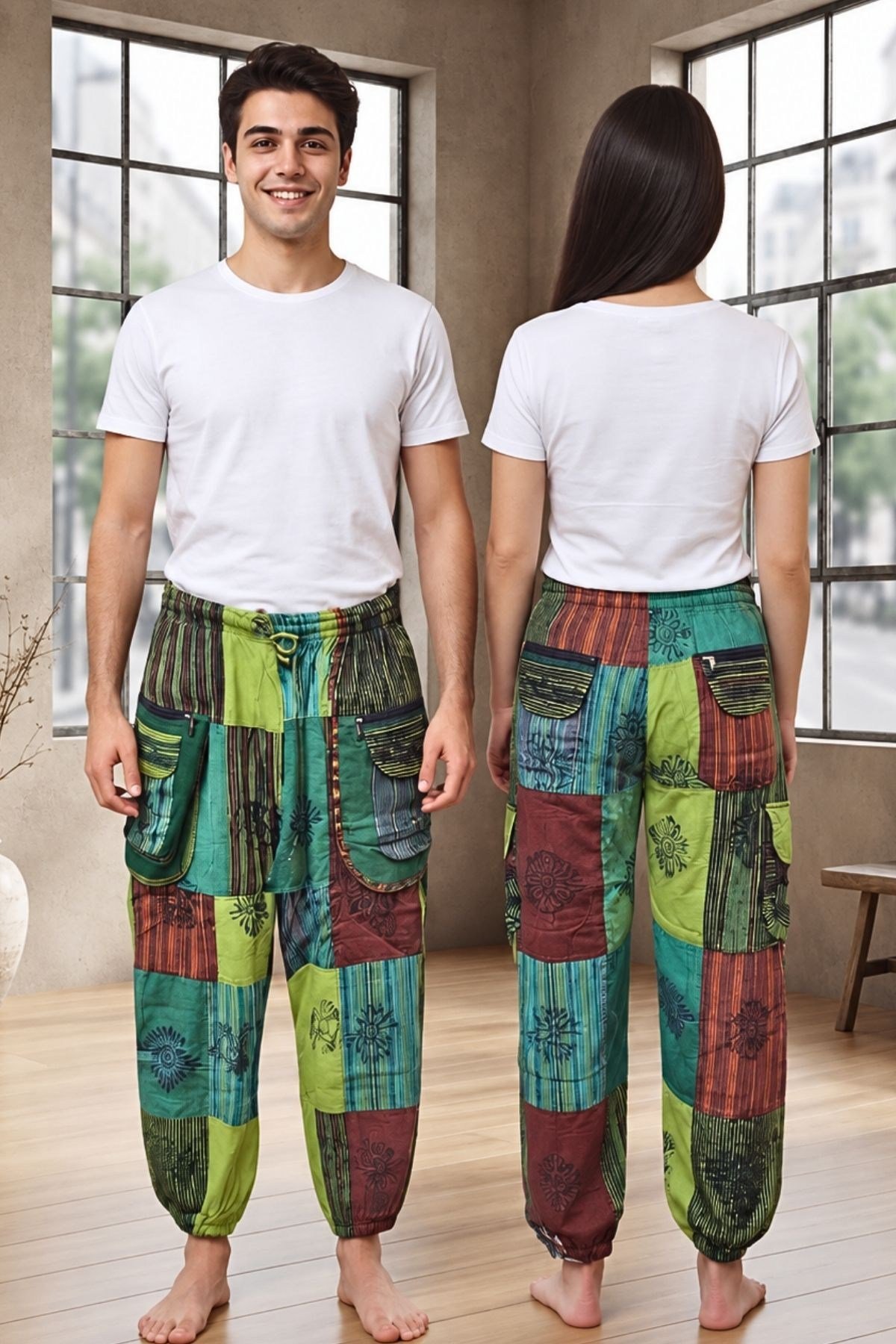 Unisex Boho Chic Kargo ve Fermuarlı Cep Detaylı Patchwork Etnik Pantolon