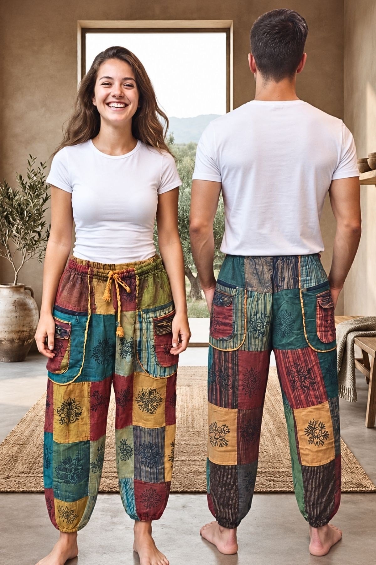 Unisex Boho Chic Kargo ve Fermuarlı Cep Detaylı Patchwork Etnik Pantolon