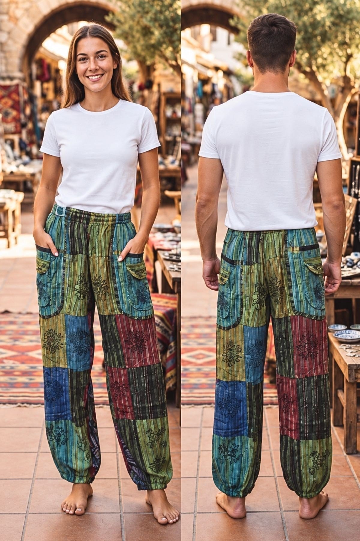 Unisex Boho Chic Kargo ve Fermuarlı Cep Detaylı Patchwork Etnik Pantolon