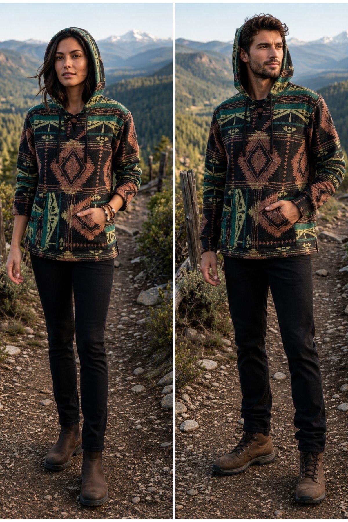 Unisex Etnik Desenli Kapüşonlu Sweatshirt
