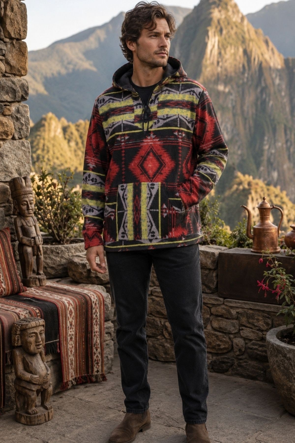 Unisex Etnik Desenli Kapüşonlu Sweatshirt