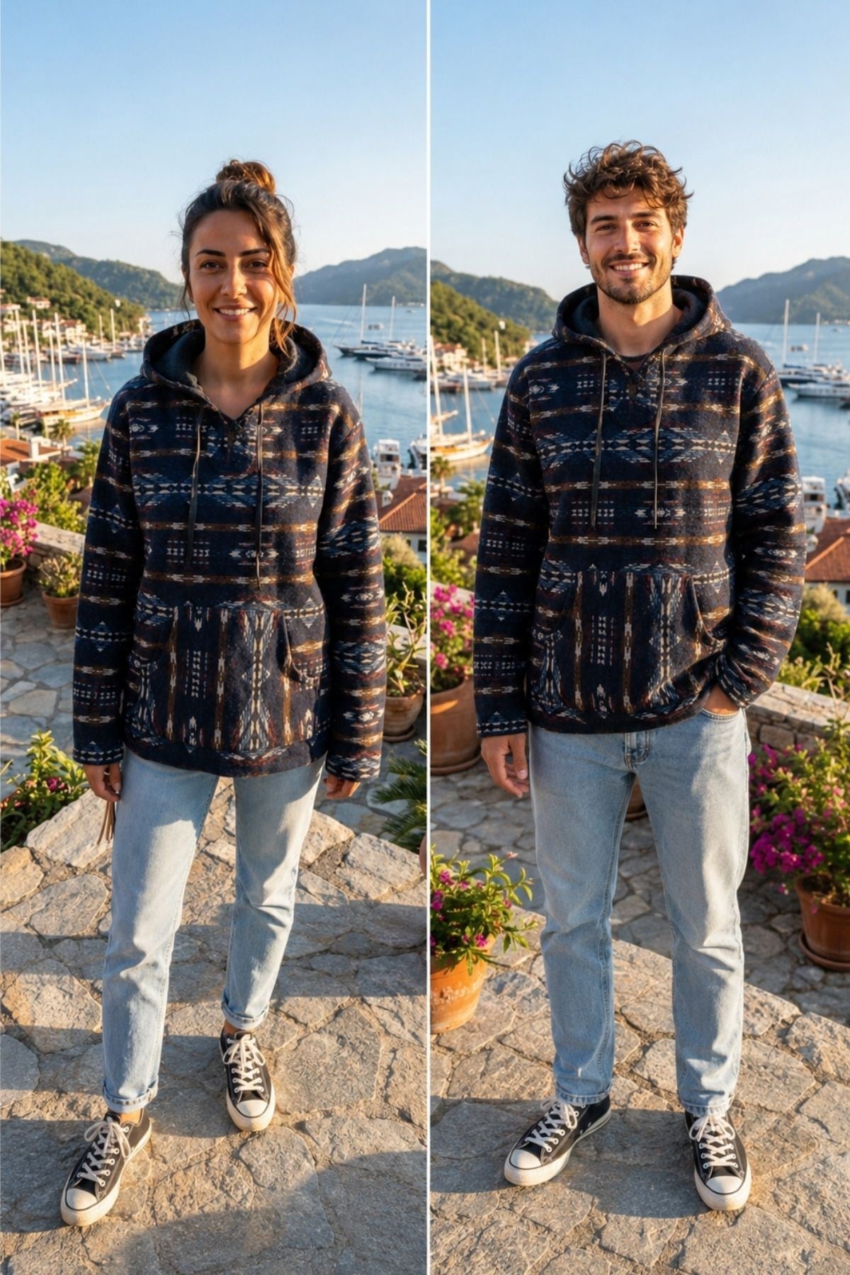 Unisex Etnik Desenli Kapüşonlu Sweatshirt