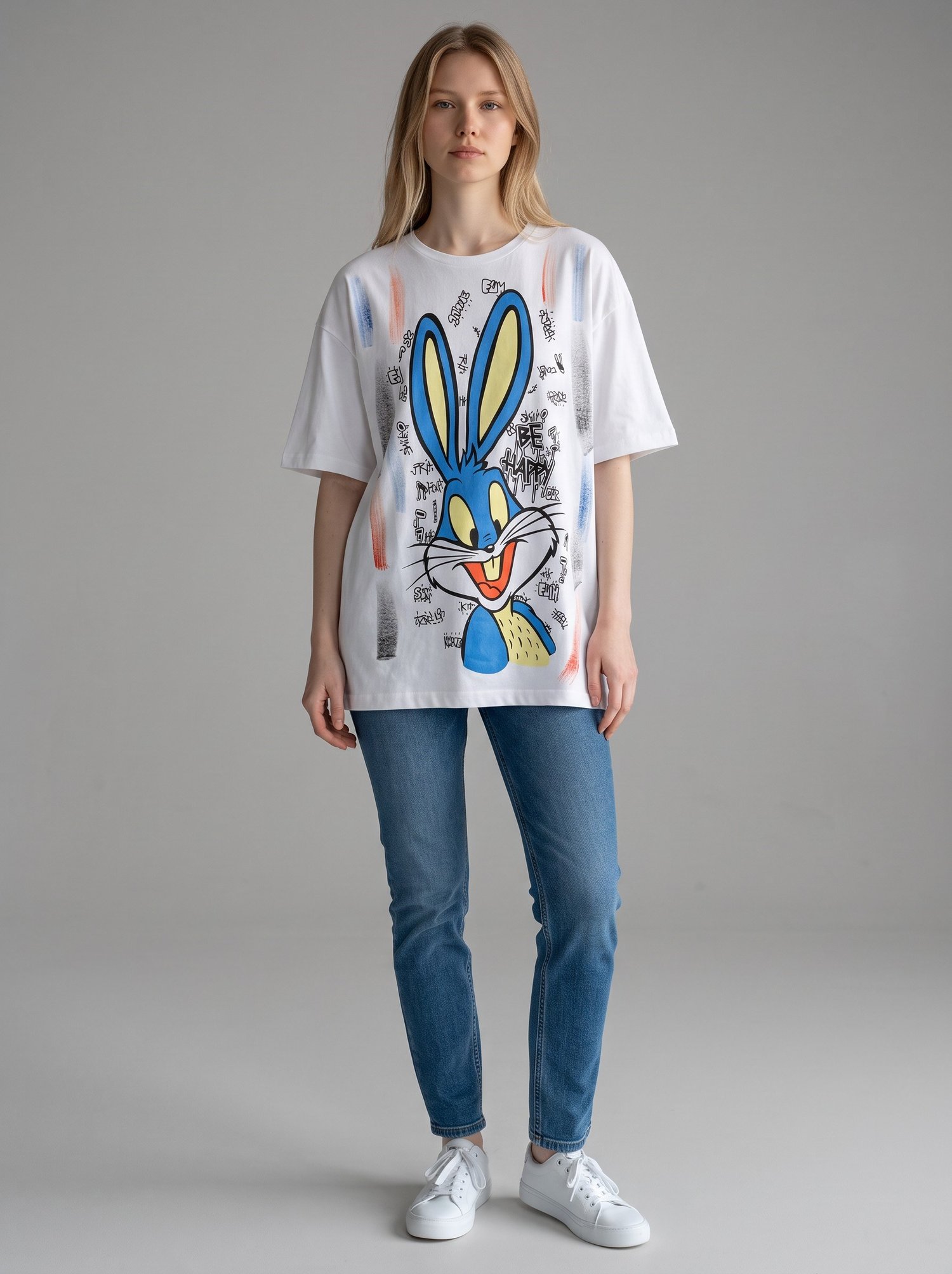 Tavşan Baskılı Oversize Tişört