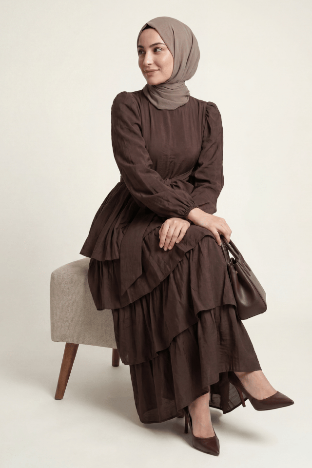  Amara Kuşaklı Katmanlı Vual Elbise - Kahve