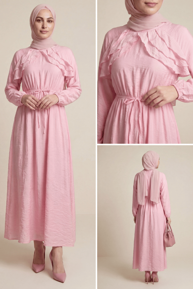 Göğsü Fırfırlı Yıldız Broş Detaylı Anita Astarlı Vual Elbise - Pembe