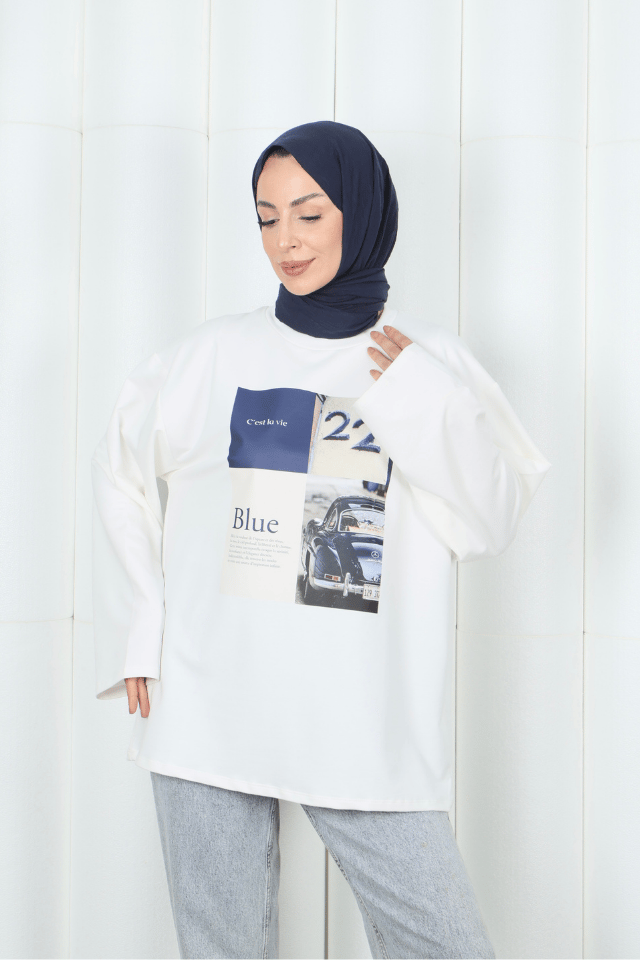 3609 baskılı bisiklet yaka sweatshırt