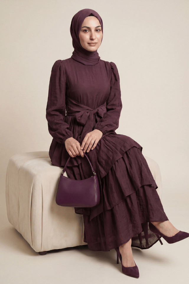 Amara Kuşaklı Katmanlı Vual Elbise - Bordo