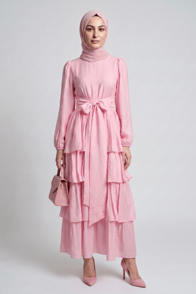 Amara Kuşaklı Katmanlı Vual Elbise - Pembe