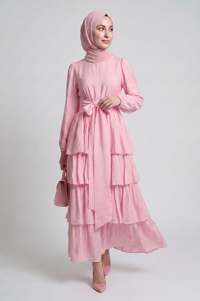 Amara Kuşaklı Katmanlı Vual Elbise - Pembe