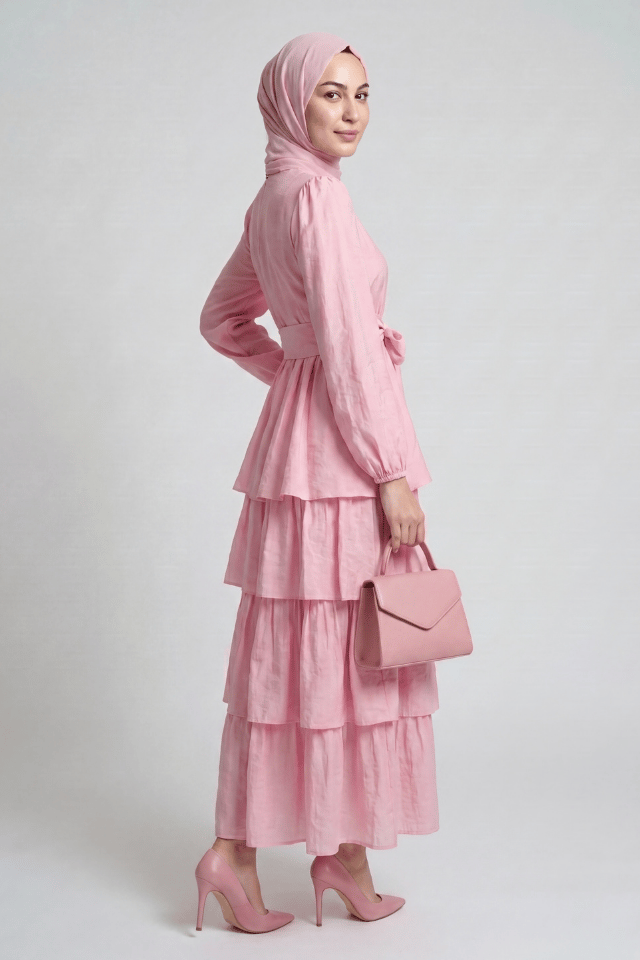 Amara Kuşaklı Katmanlı Vual Elbise - Pembe