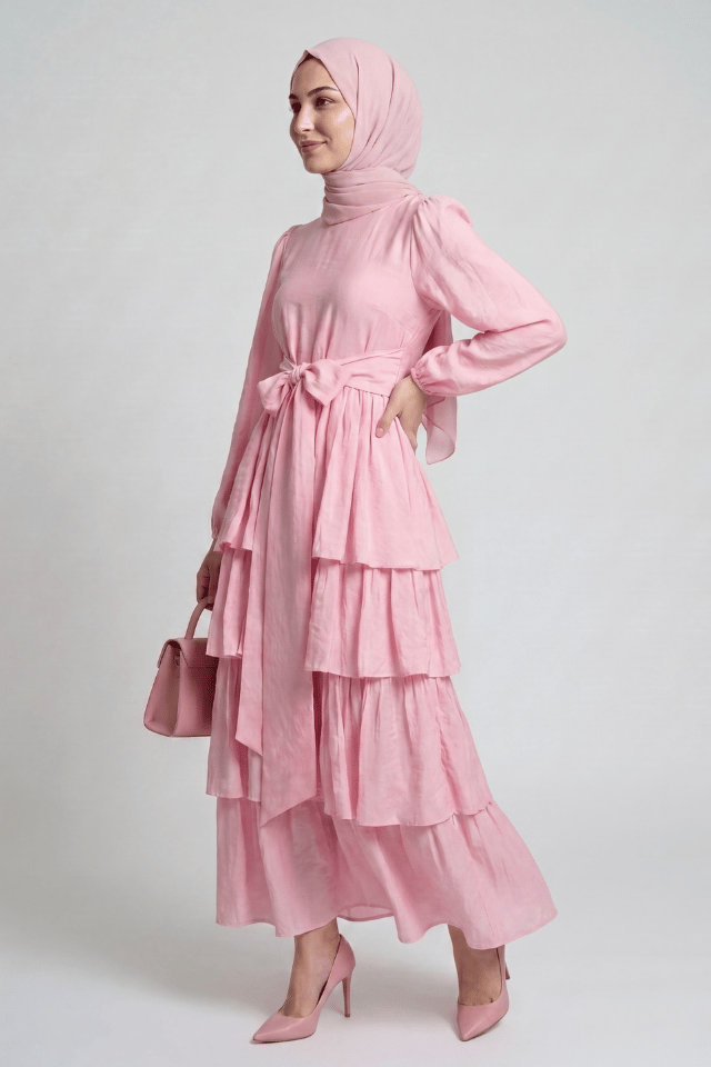 Amara Kuşaklı Katmanlı Vual Elbise - Pembe