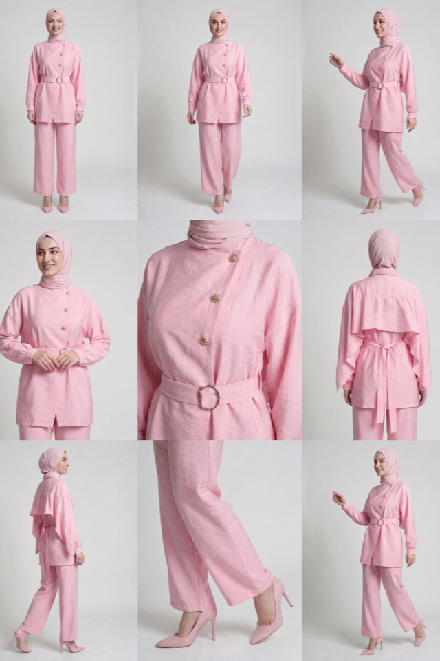 Arkası Volan Detaylı 3 Düğmeli Paraşüt Kumaş Pantolonlu Takım - Pembe