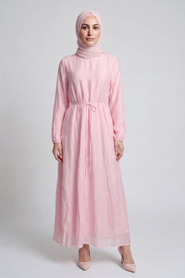 Bağcıklı Vual Astarlı Vual Elbise - Pembe