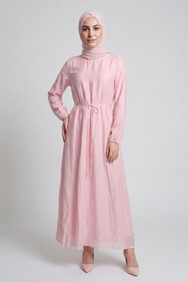 Bağcıklı Vual Astarlı Vual Elbise - Pembe