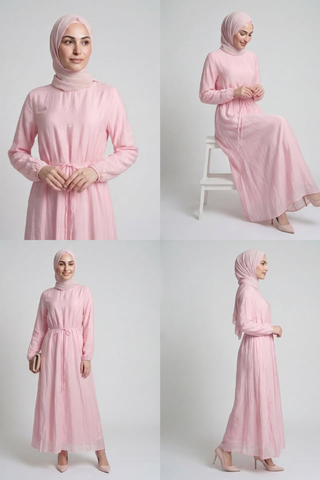Bağcıklı Vual Astarlı Vual Elbise - Pembe