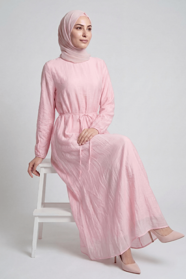 Bağcıklı Vual Astarlı Vual Elbise - Pembe