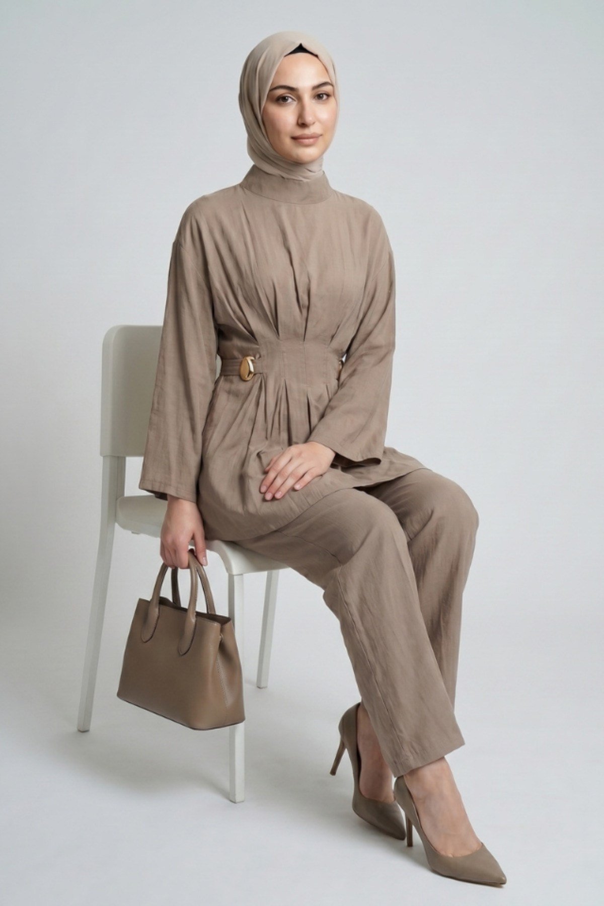 BEL PİLE TOKA DETAYLI TUNİK PANTOLON CUPRA TAKIM VİZON