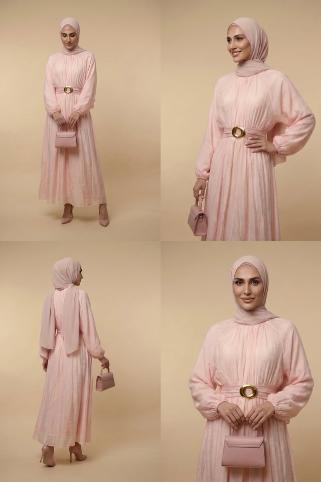 Beli Lastikli Gold Halka Kuşaklı Astarlı Vual Elbise Pembe
