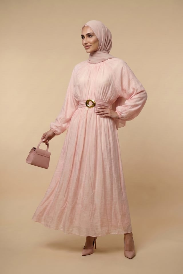 Beli Lastikli Gold Halka Kuşaklı Astarlı Vual Elbise Pembe