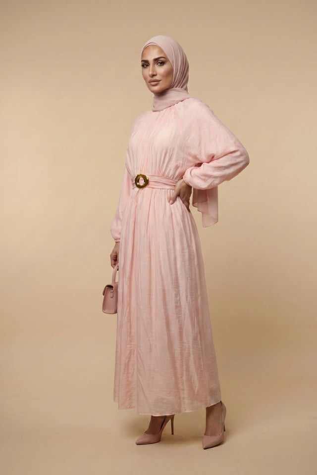 Beli Lastikli Gold Halka Kuşaklı Astarlı Vual Elbise Pembe