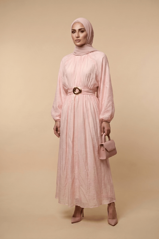 Beli Lastikli Gold Halka Kuşaklı Astarlı Vual Elbise Pembe