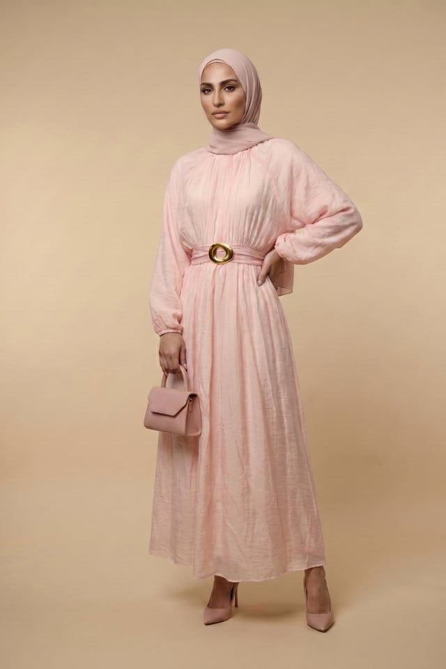 Beli Lastikli Gold Halka Kuşaklı Astarlı Vual Elbise Pembe