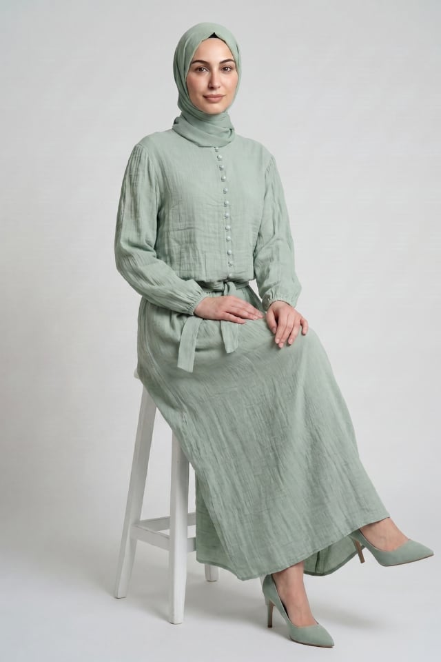 Ceketten Kuşaklı Muslin Etekli Takım - Yeşil