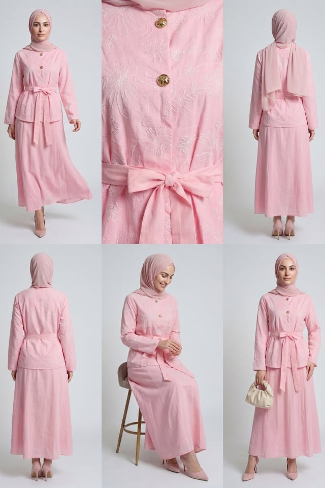 Çiçek Nakışlı İki Düğmeli Keten Etekli Takım - Pembe